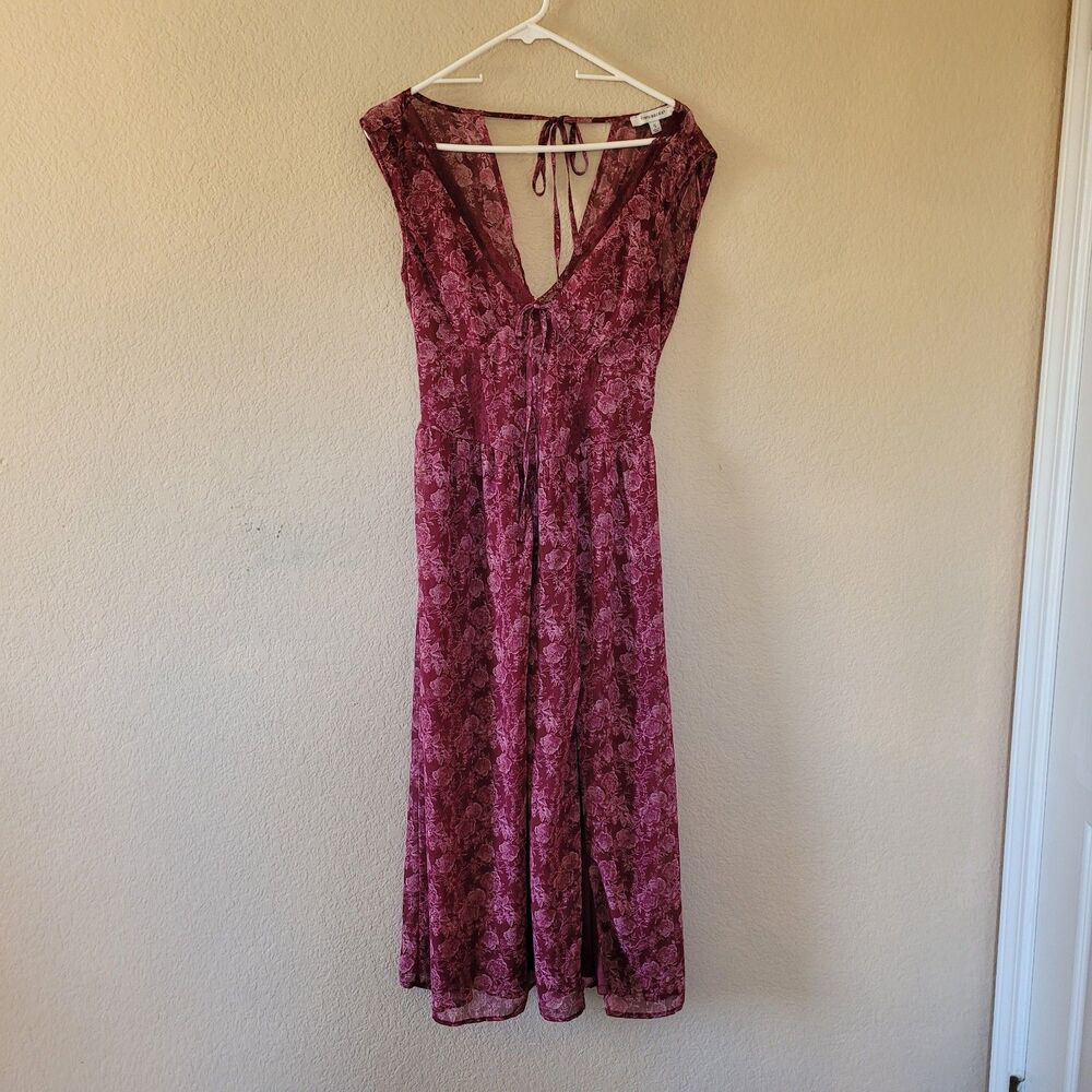 Corset Waist Midi Slit Dress Size Small Smocked High Waisted A Line Floral Sheer